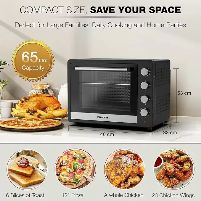 Nikai Oven Electric 65l with Rosting Fuction 4 Knobs Control 2200w NT6500SRC2 120 Mins Timer Convection Function Stainless Steel Heating Elements Inner Light Double Glass Panel