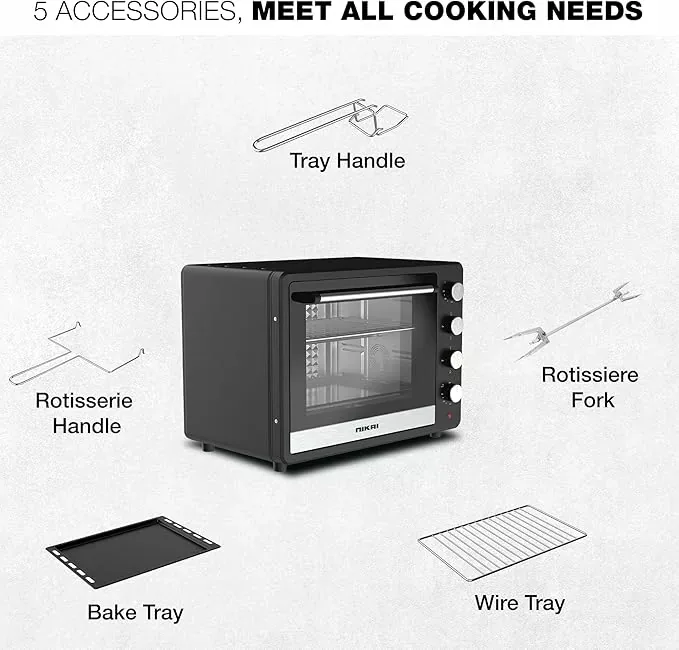 Nikai Oven Electric 65l with Rosting Fuction 4 Knobs Control 2200w NT6500SRC2 120 Mins Timer Convection Function Stainless Steel Heating Elements Inner Light Double Glass Panel