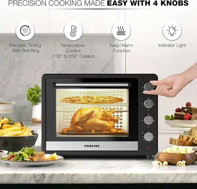 Nikai Oven Electric 65l with Rosting Fuction 4 Knobs Control 2200w NT6500SRC2 120 Mins Timer Convection Function Stainless Steel Heating Elements Inner Light Double Glass Panel