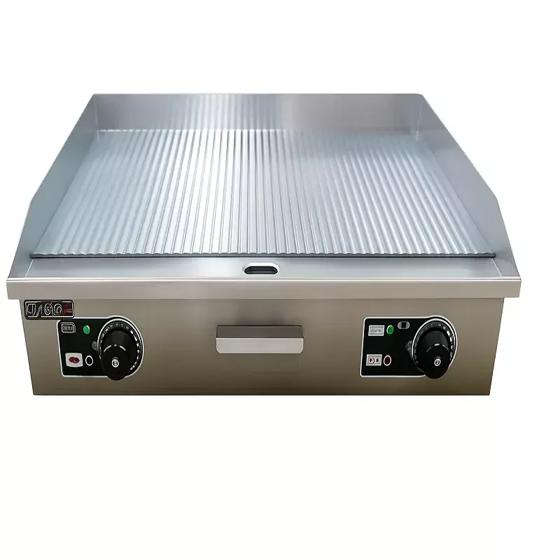 Commercial Full Grooved Electric Griddle 4.4kW, Professional 728mm Large Ribbed Surface Grill, Heavy-Duty Stainless Steel Countertop Griddle WG-822K