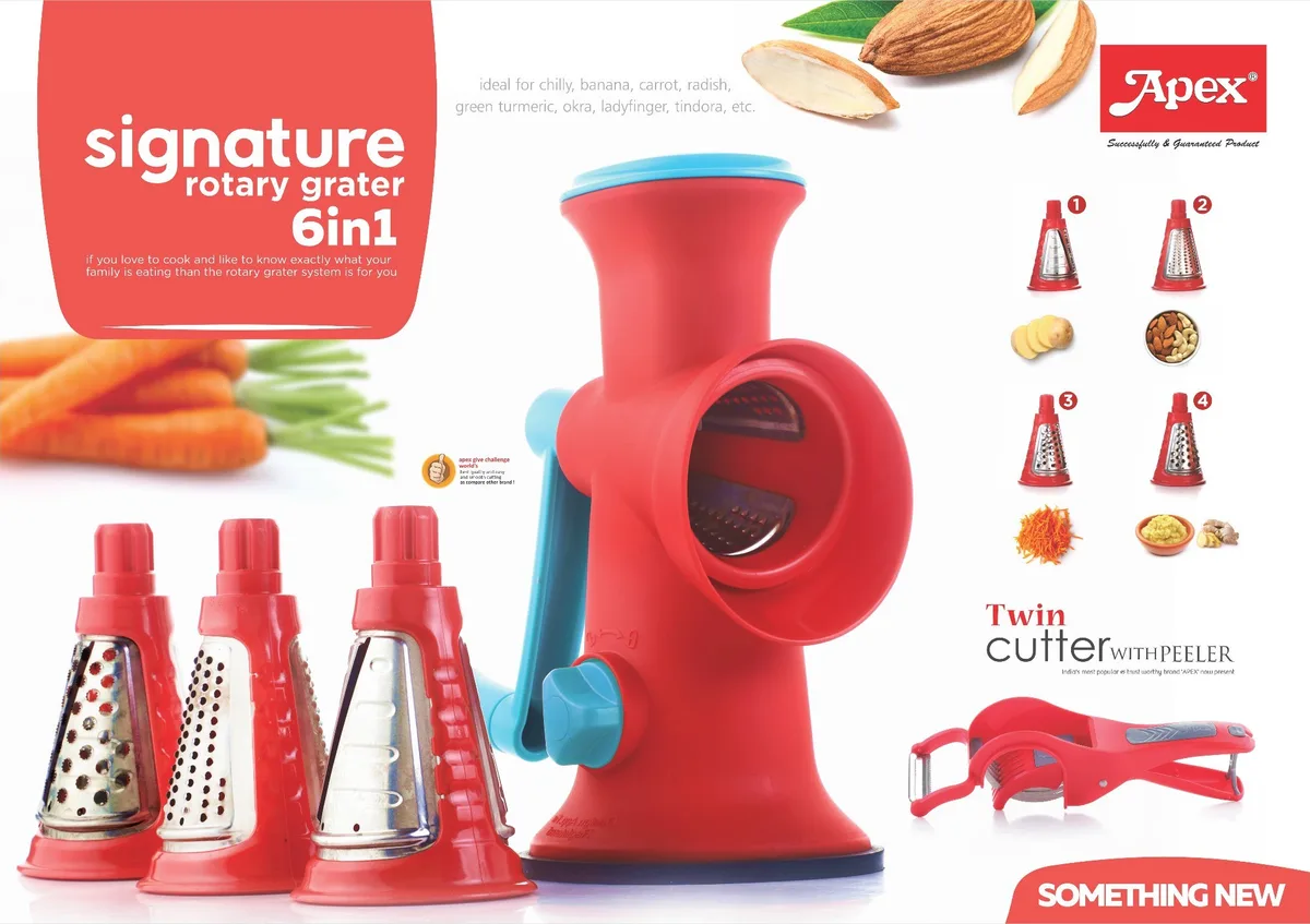 Apex 6 in 1 Vegetable Cutter with Steel Signature Rotary Grater Blade Vegetable & Fruit Grater