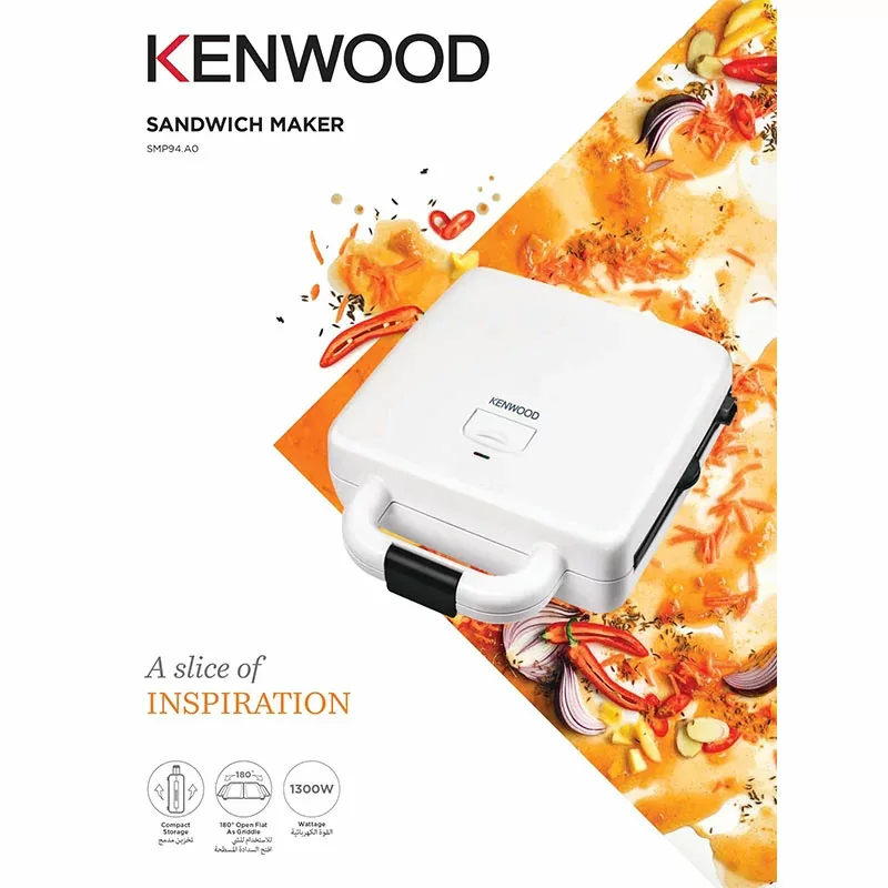 Kenwood Sandwich Toaster 4 Slice 2 in 1 Grill and Sandwich 1300w Smp94.A0wh - Non Stick Grill Plate Temperature Light Indicator Multifunctional