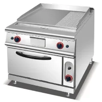 Commercial Kitchen Equipment Gas Griddle with Integrated Gas Oven, 17.6kW Professional 2/3 Flat & 1/3 Grooved Cooking Station, Heavy-Duty LPG Compact Range HGR-713