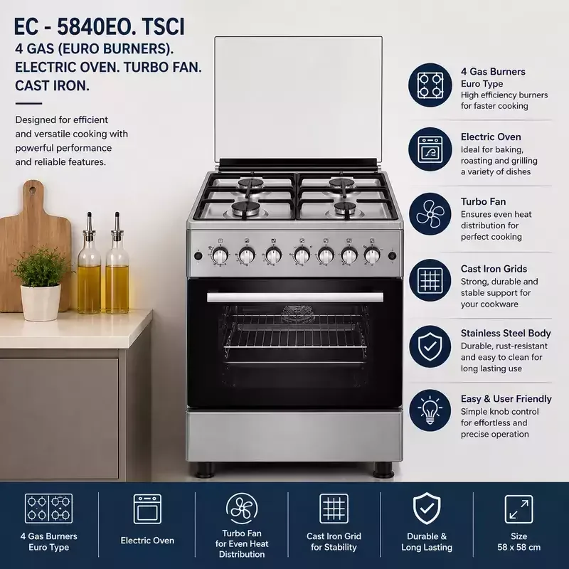 Evoq Standing Cooker 4 Gas Burners Electric Oven Turbo Fan Cast Iron 58x58 EC 5840EO TSCI