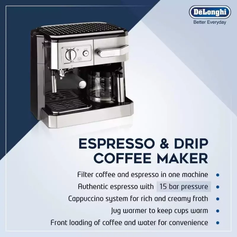 Delonghi Combi Coffee Maker 1750W, Espresso & Filter Coffee, Cappuccino System BCO420