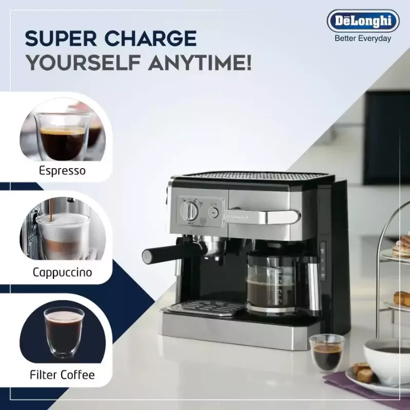 Delonghi Combi Coffee Maker 1750W, Espresso & Filter Coffee, Cappuccino System BCO420