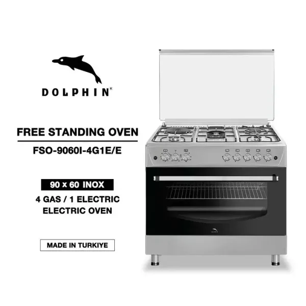 Dolphin Free Standing Cooking Range 90x60, 4 Gas Burners, 1 Electric Burner & Electric Oven, Inox FS09060I-4G1E/E