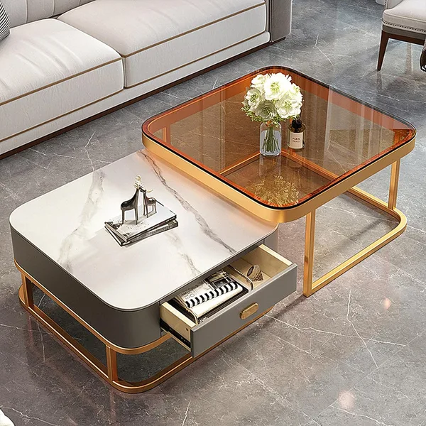 Nesting Coffee Table Set of 2 White Marble Table Cabinet with 2 Drawers - JHC7320L