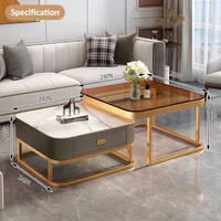 Nesting Coffee Table Set of 2 White Marble Table Cabinet with 2 Drawers - JHC7320L