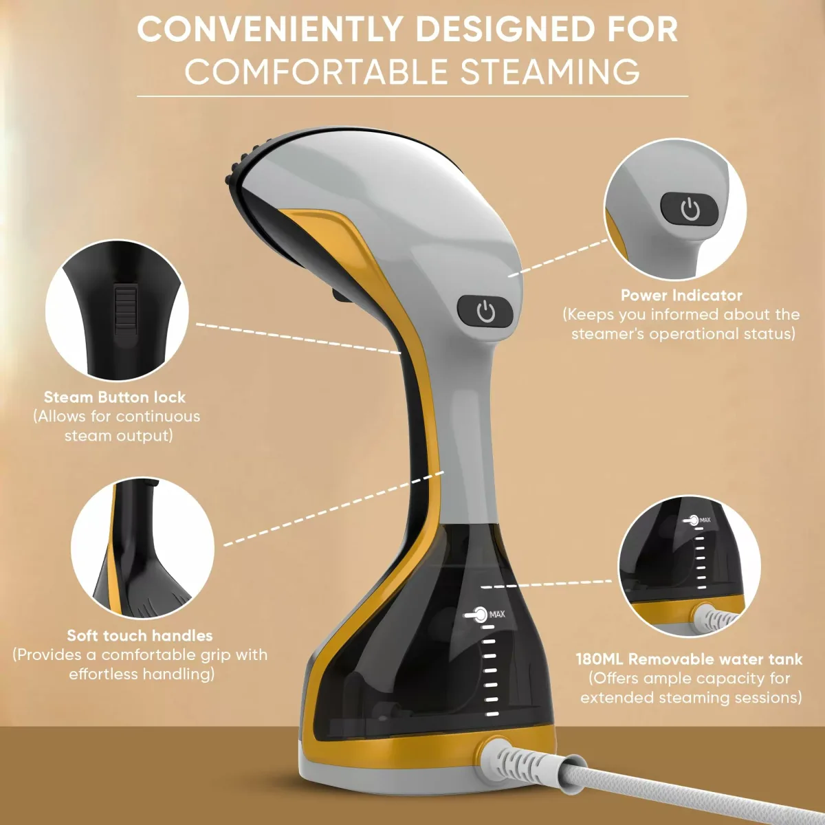 Nikai Garment Steamer 180Ml Tank Hand Held 2000W NGS77H Overheat Protection Power Indicator Removable Water Tank Temperature Control