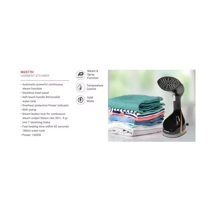 Nikai Garment Steamer 180Ml Tank Hand Held 2000W NGS77H Overheat Protection Power Indicator Removable Water Tank Temperature Control