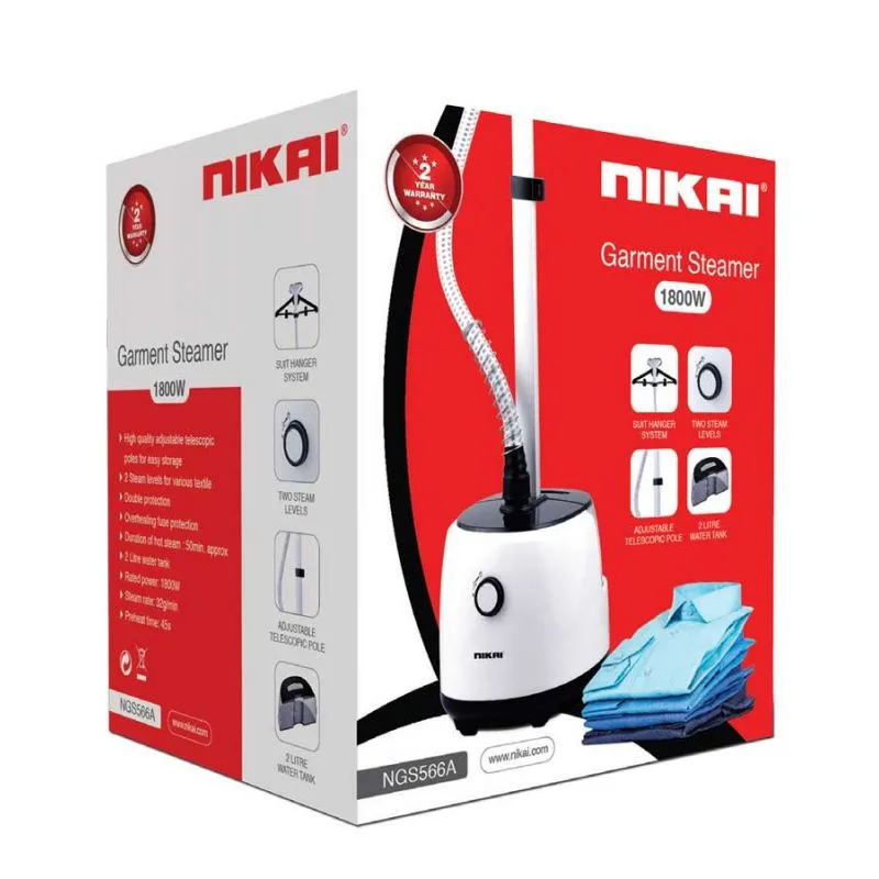 Nikai Garment Steamer 1.8L Tank Suit Hanger 1600W NGS566A Overheat Fuse Protection 2 Steam Levels Adjustable Telescopic Poles