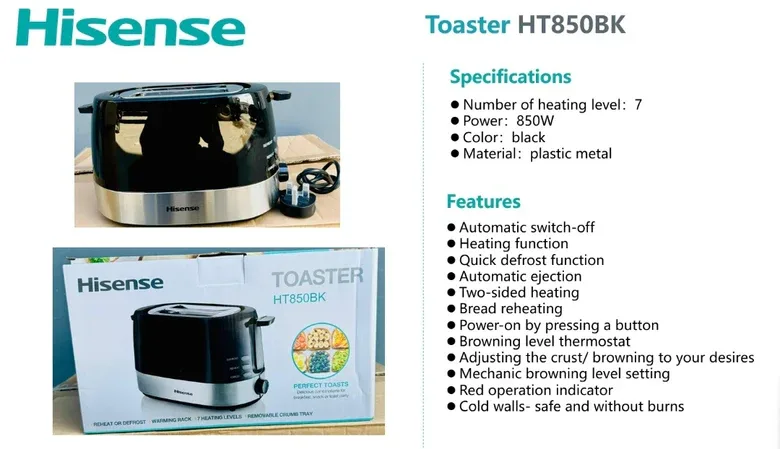 Hisense Toaster 850W, Black HT850BK