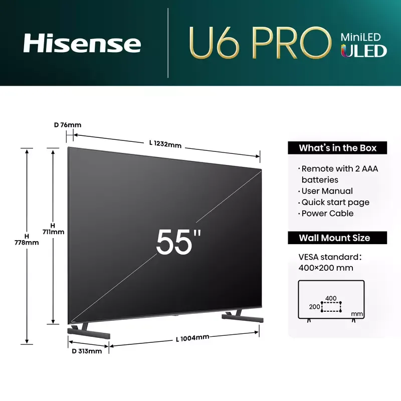 Hisense 55" Smart UHD 4K Mini-LED Quantum ULED TV (139cm) 55U6N-PRO
