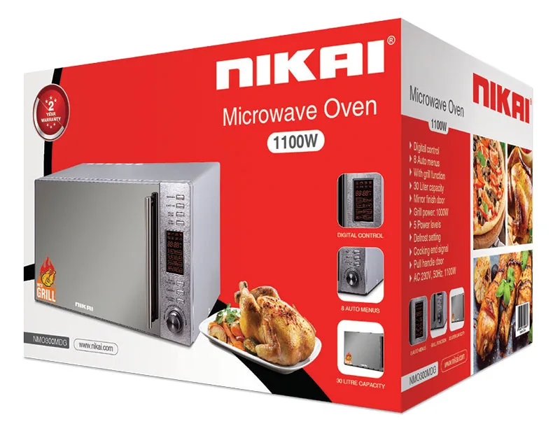 Nikai Microwave 30l Digital 5 Power Levels with Grill Function 1100w NMO300MDG Defrost By Timing And Weight Cooking End Signal Pull Handle Door Stainless Steel Panel
