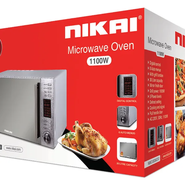 Nikai Microwave 30l Digital 5 Power Levels with Grill Function 1100w NMO300MDG Defrost By Timing And Weight Cooking End Signal Pull Handle Door Stainless Steel Panel