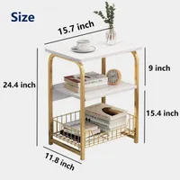 White Marble Side Table 3 Tier Sofa End Table with Storage Shelf Metal Snack Table 40x30x62cm - JHC2365P