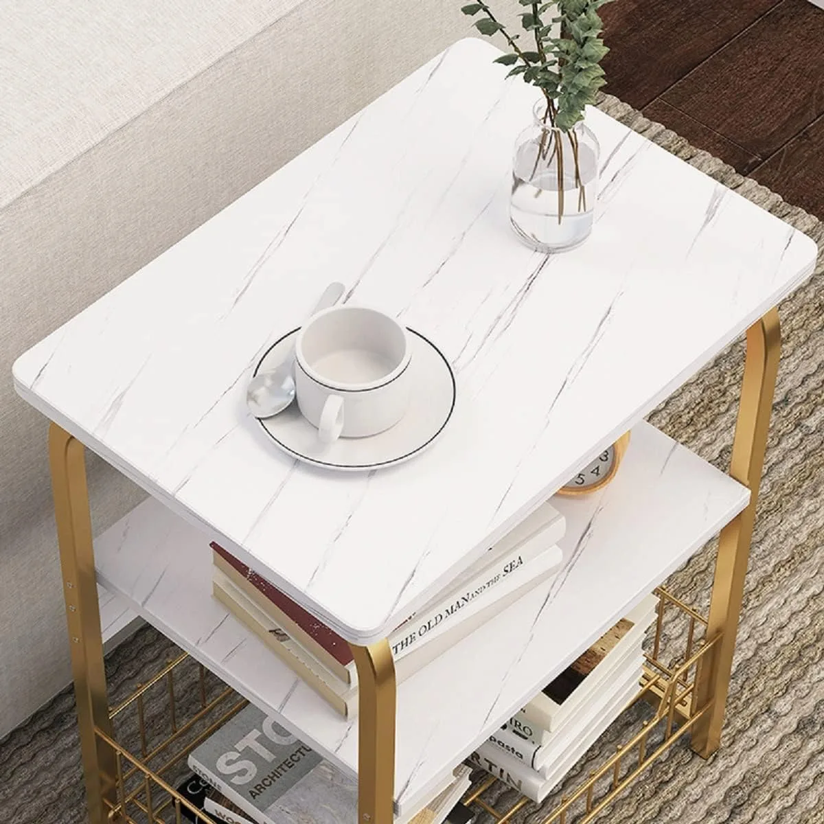 White Marble Side Table 3 Tier Sofa End Table with Storage Shelf Metal Snack Table 40x30x62cm - JHC2365P