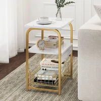White Marble Side Table 3 Tier Sofa End Table with Storage Shelf Metal Snack Table 40x30x62cm - JHC2365P