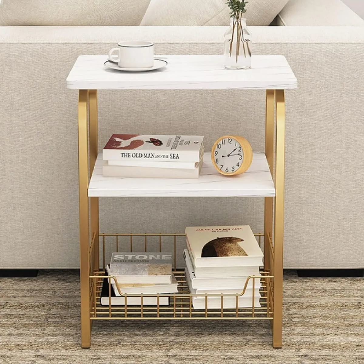 White Marble Side Table 3 Tier Sofa End Table with Storage Shelf Metal Snack Table 40x30x62cm - JHC2365P