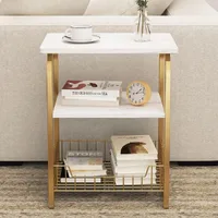 White Marble Side Table 3 Tier Sofa End Table with Storage Shelf Metal Snack Table 40x30x62cm - JHC2365P