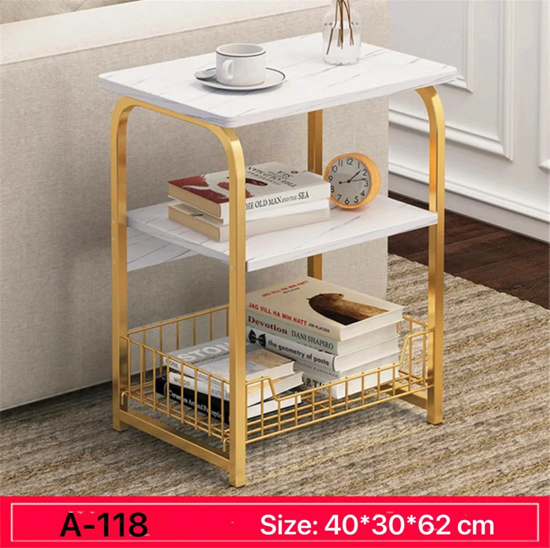 White Marble Side Table 3 Tier Sofa End Table with Storage Shelf Metal Snack Table 40x30x62cm - JHC2365P