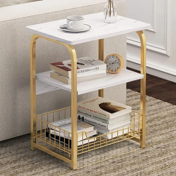 White Marble Side Table 3 Tier Sofa End Table with Storage Shelf Metal Snack Table 40x30x62cm - JHC2365P