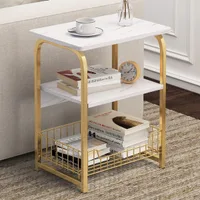 White Marble Side Table 3 Tier Sofa End Table with Storage Shelf Metal Snack Table 40x30x62cm - JHC2365P