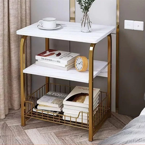 White Marble Side Table 3 Tier Sofa End Table with Storage Shelf Metal Snack Table 40x30x62cm - JHC2365P