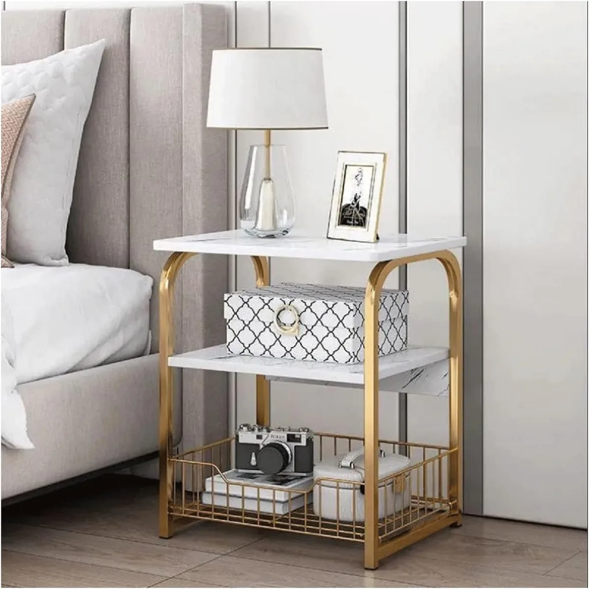 White Marble Side Table 3 Tier Sofa End Table with Storage Shelf Metal Snack Table 40x30x62cm - JHC2365P