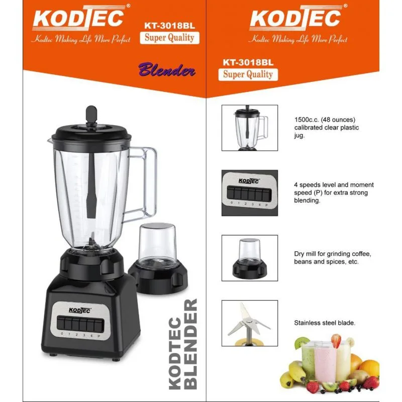Kodtec Blender 1.5L Plastic Jar 350W with 1 Mill Unbreakable KT-3018BL 2 Kodtec Blender 1.5L Plastic Jar 350W with 1 Mill Unbreakable KT-3018BL