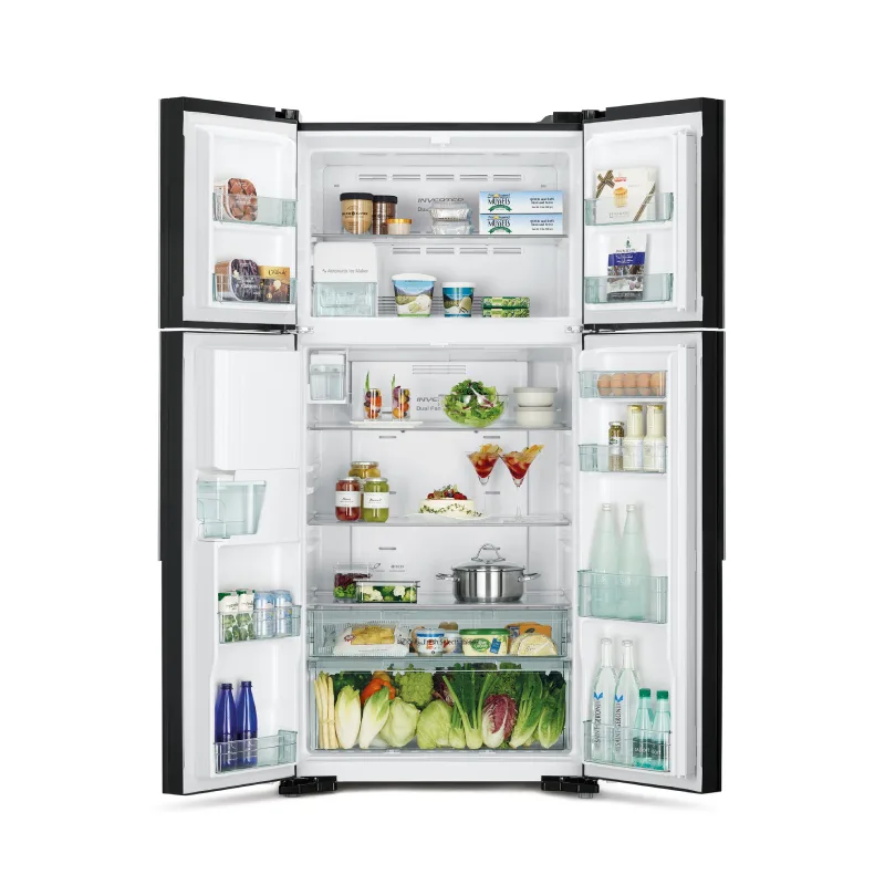 Hitachi Refrigerator 690 Ltrs. 4 Side By Side Door Refrigerator, Dual Fan Cooling, Stabilizer Free, LED Control Light, LED Light, Automatic Ice Maker & Water Dispenser, Tempered Glass Shelves, Glass Black finish R-W800PU7 GBK