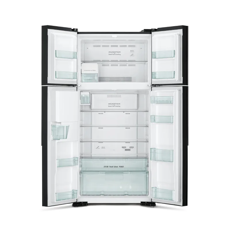 Hitachi Refrigerator 690 Ltrs. 4 Side By Side Door Refrigerator, Dual Fan Cooling, Stabilizer Free, LED Control Light, LED Light, Automatic Ice Maker & Water Dispenser, Tempered Glass Shelves, Glass Black finish R-W800PU7 GBK