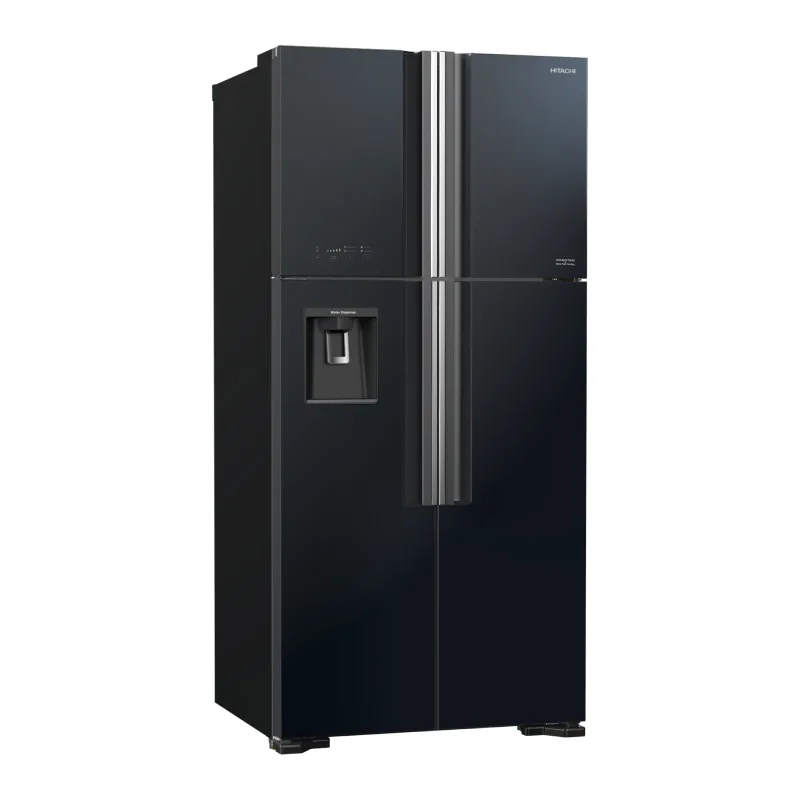 Hitachi Refrigerator 690 Ltrs. 4 Side By Side Door Refrigerator, Dual Fan Cooling, Stabilizer Free, LED Control Light, LED Light, Automatic Ice Maker & Water Dispenser, Tempered Glass Shelves, Glass Black finish R-W800PU7 GBK