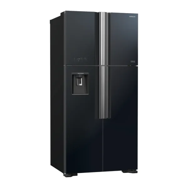 Hitachi Refrigerator 690 Ltrs. 4 Side By Side Door Refrigerator, Dual Fan Cooling, Stabilizer Free, LED Control Light, LED Light, Automatic Ice Maker & Water Dispenser, Tempered Glass Shelves, Glass Black finish R-W800PU7 GBK