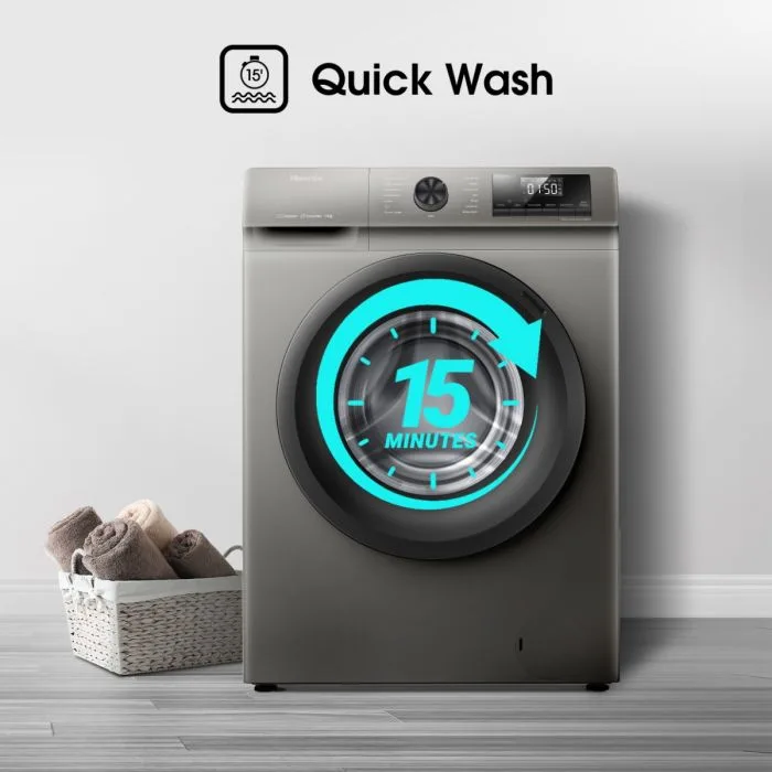 Hisense Washing Machine 9kg Front Loading, Steam Wash, Durable Inverter, Quick Wash, Delay End, Drum Clean, Self Diagnosis Silver WFQP9012VMT