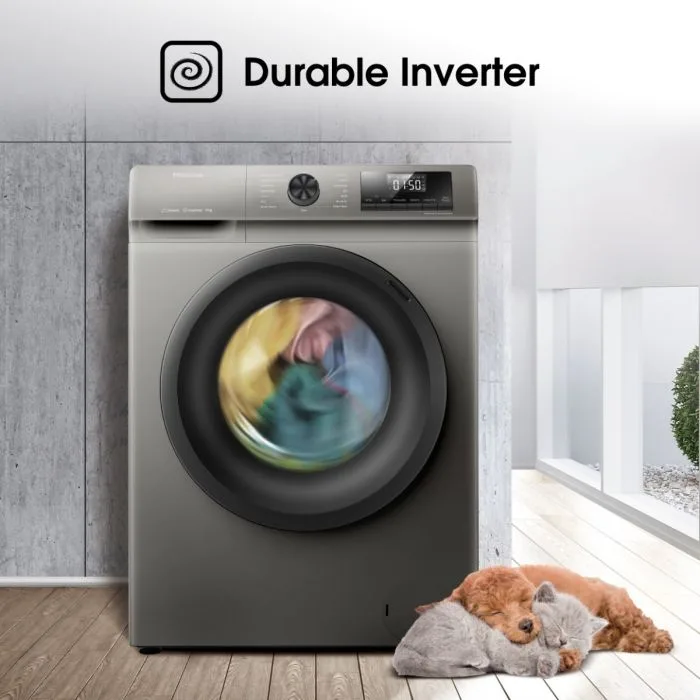 Hisense Washing Machine 9kg Front Loading, Steam Wash, Durable Inverter, Quick Wash, Delay End, Drum Clean, Self Diagnosis Silver WFQP9012VMT