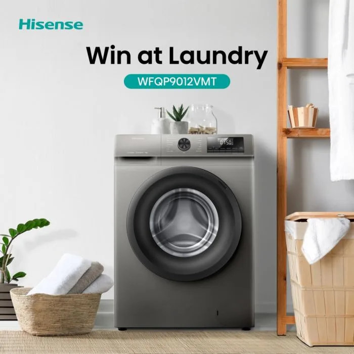 Hisense Washing Machine 9kg Front Loading, Steam Wash, Durable Inverter, Quick Wash, Delay End, Drum Clean, Self Diagnosis Silver WFQP9012VMT