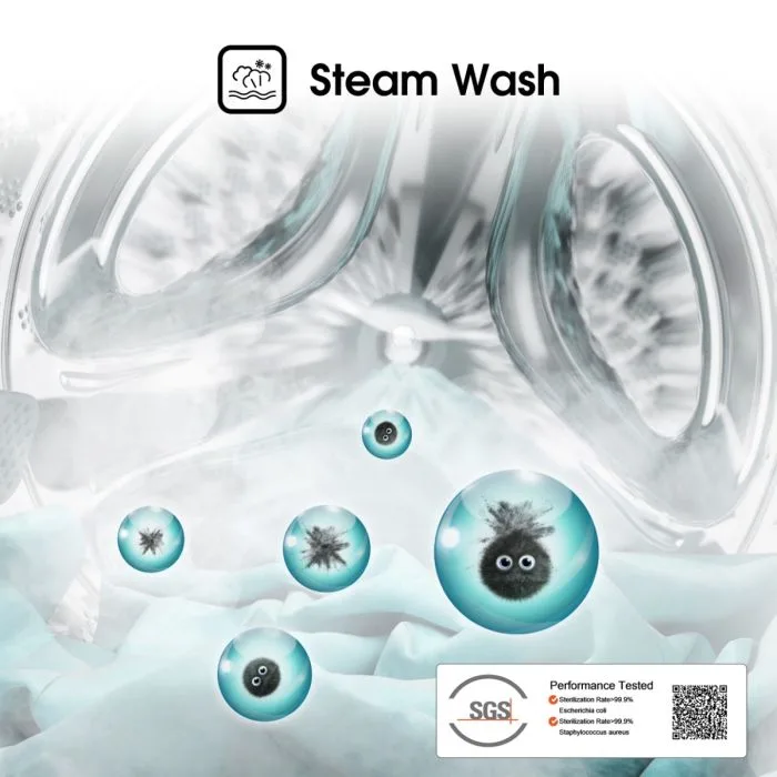 Hisense Washing Machine 9kg Front Loading, Steam Wash, Durable Inverter, Quick Wash, Delay End, Drum Clean, Self Diagnosis Silver WFQP9012VMT