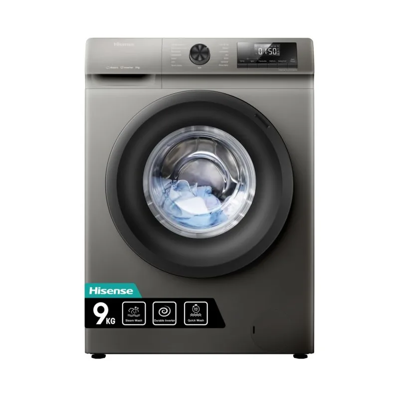 Hisense Washing Machine 9kg Front Loading, Steam Wash, Durable Inverter, Quick Wash, Delay End, Drum Clean, Self Diagnosis Silver WFQP9012VMT