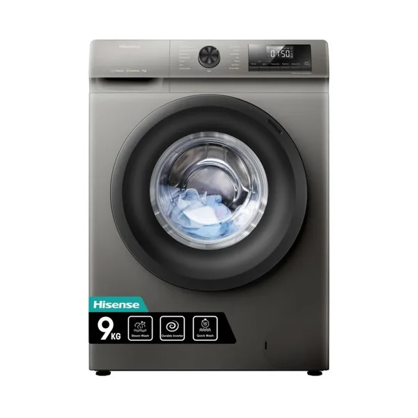Hisense Washing Machine 9kg Front Loading, Steam Wash, Durable Inverter, Quick Wash, Delay End, Drum Clean, Self Diagnosis Silver WFQP9012VMT