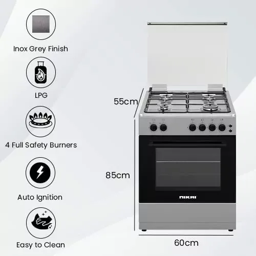 Nikai Oven Cooking Range 4 Burner Double Glass Door 60x55cm U6062FS Glass Lid Button Ignition For Hob With Lamp Stainless Steel Top And Body