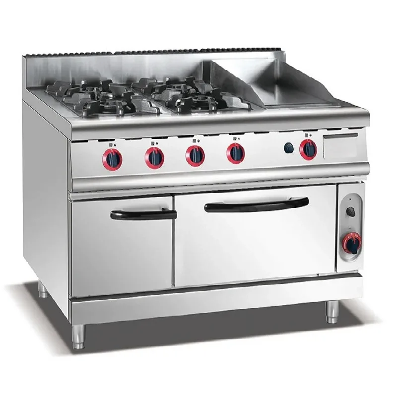 Commercial Gas Range with 10mm Iron Griddle & Integrated Gas Oven 4-Burner, SS304 Industrial Cooking Station HGR-998