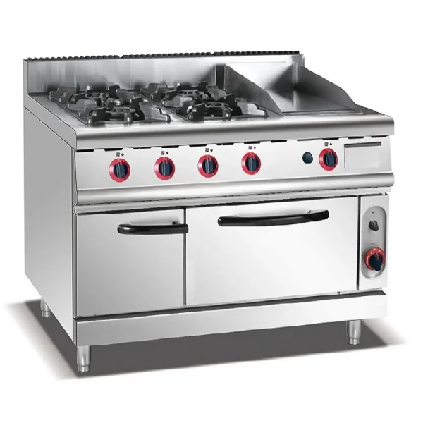 Commercial Gas Range with 10mm Iron Griddle & Integrated Gas Oven 4-Burner, SS304 Industrial Cooking Station HGR-998