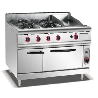 Commercial Gas Range with 10mm Iron Griddle & Integrated Gas Oven 4-Burner, SS304 Industrial Cooking Station HGR-998