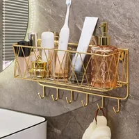 Shower Shelf Organizer Rack Bathroom Shelf No Drill Wall-Mounted Golden Iron Toiletries Storage Rack with Hook - JHC230L