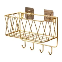 Shower Shelf Organizer Rack Bathroom Shelf No Drill Wall-Mounted Golden Iron Toiletries Storage Rack with Hook - JHC230L