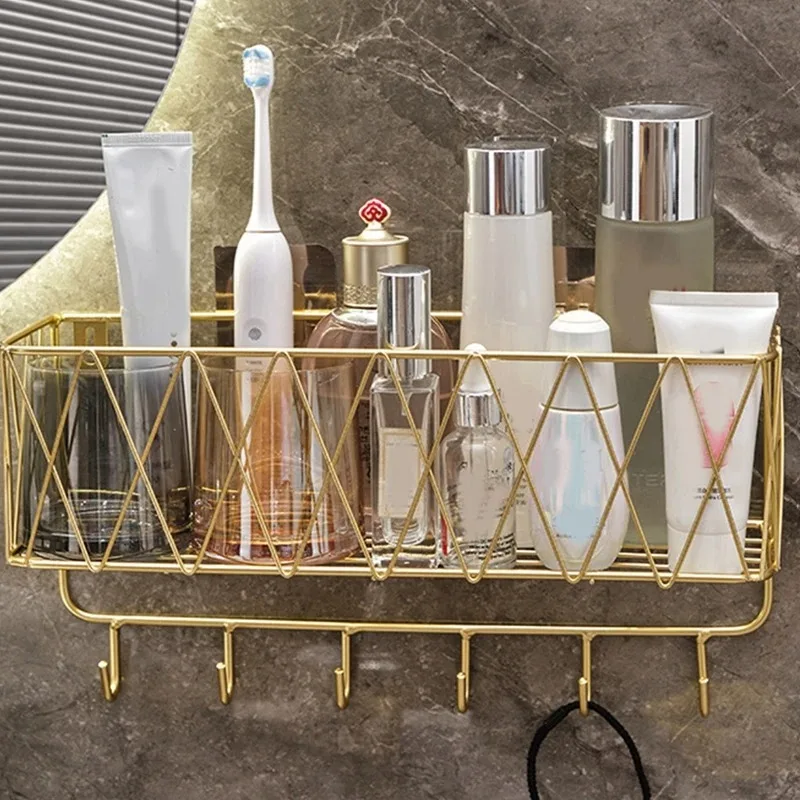 Shower Shelf Organizer Rack Bathroom Shelf No Drill Wall-Mounted Golden Iron Toiletries Storage Rack with Hook - JHC230L
