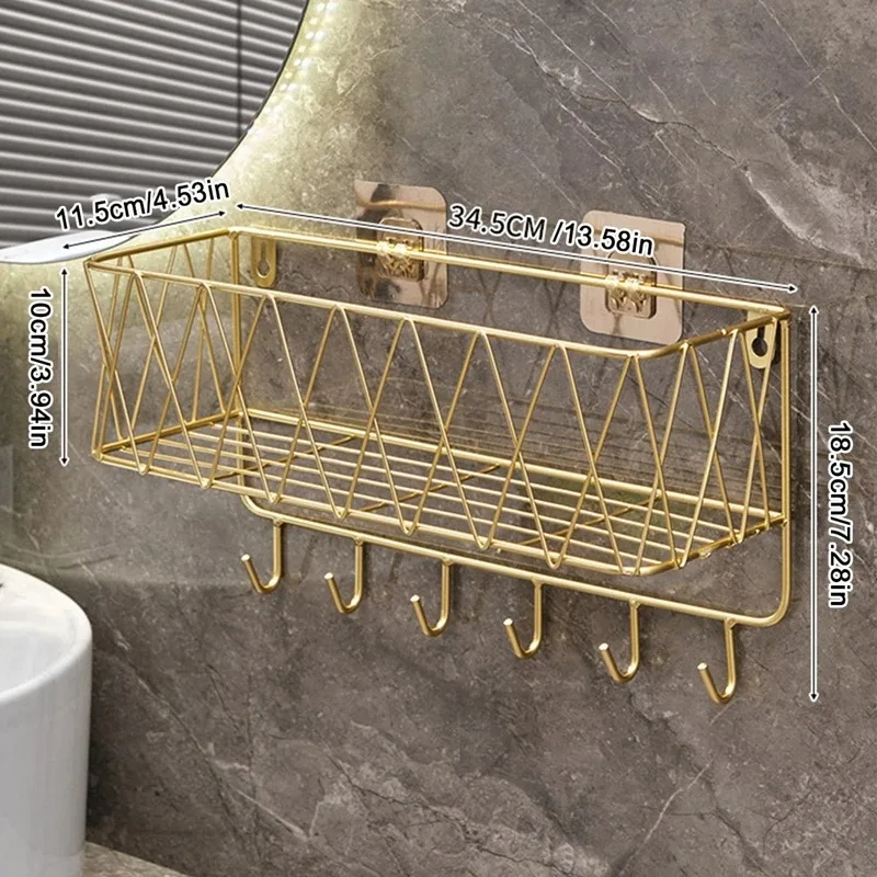 Shower Shelf Organizer Rack Bathroom Shelf No Drill Wall-Mounted Golden Iron Toiletries Storage Rack with Hook - JHC230L