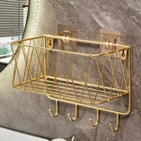 Shower Shelf Organizer Rack Bathroom Shelf No Drill Wall-Mounted Golden Iron Toiletries Storage Rack with Hook - JHC230L